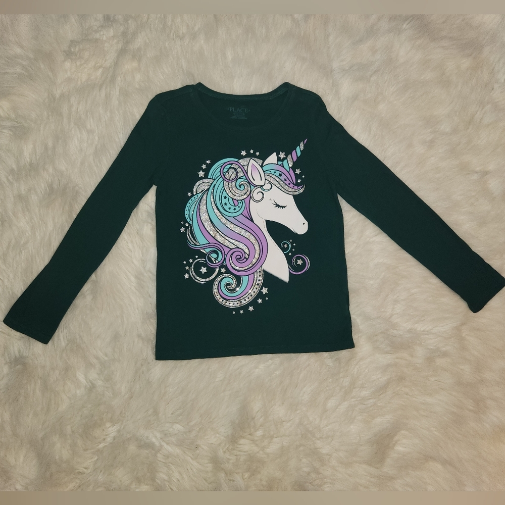 3/$15 Girls Unicorn Green Longsleeve (size 7/8)